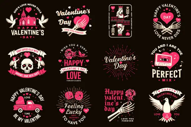 Vector illustration of Set of vintage happy valentines day badge. Vector illustration. Template for Valentines Day greeting card, banner, poster, flyer with cupid holding bow, arrow, skeleton hand, rose and heart