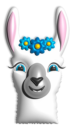 Cute cartoon llama or alpaca face. Cute illustration of Llama wearing flower wreath