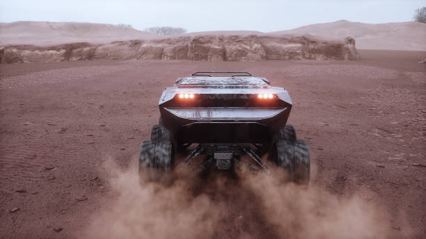 Electric rover on alien planet. Mars surface. 3d rendering.