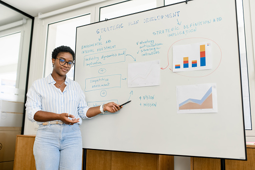 Charismatic African-American businesswoman, coach, colleague standing and talking, explaining plan, making flip chart presentation for office employees using diagrams, pointing at whiteboard