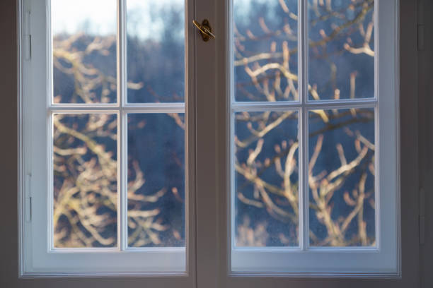 Modern house window view with mountain background
