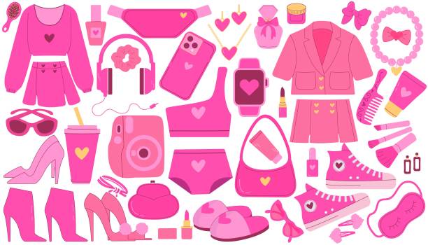 Print Set. Pink trendy set, pink doll aesthetic accessories and clothing. Vector illustration. A collection of accessories and clothing barbie makeup stock illustrations