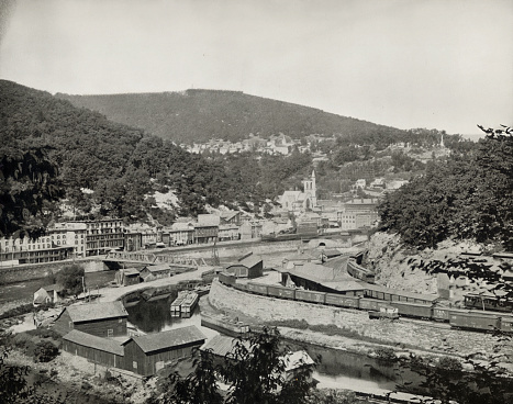 Jim Thorpe aka Mauch Chunk until 1954 is a borough and the county seat of Carbon County in the U.S. state of Pennsylvania. Known as the burial site of Native American sports legend Jim Thorpe.

Jim Thorpe is located in the Pocono Mountains.

Jim Thorpe was founded in 1818 as Mauch Chunk possibly a reference to Bear Mountain

Photograph from 19th century