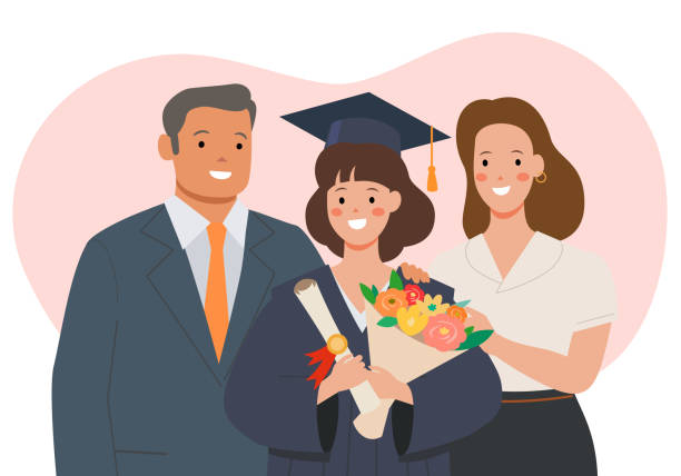 High school or college graduation. Graduation celebration party. Education and Scholars. Vector illustration of a graduation ceremony celebrating with family and friends. Images of students graduating and their family and friends congratulating them. graduation gift stock illustrations