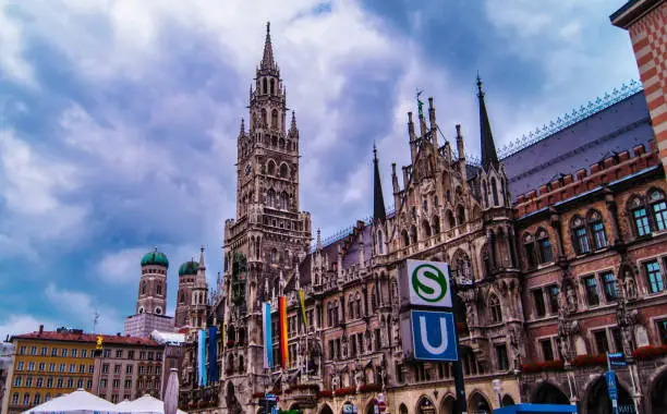View of the new city hall at Marienplatz square in the heart of Munich, Germany