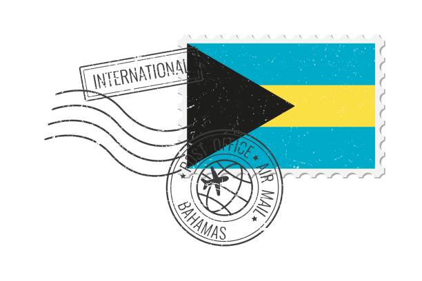 illustrazioni stock, clip art, cartoni animati e icone di tendenza di bahamas grunge postage stamp. vintage postcard vector illustration with bahamian national flag isolated on white background. retro style. - bahamian flag