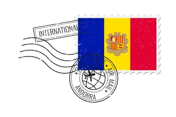 Vector illustration of Andorra grunge postage stamp. Vintage postcard vector illustration with Andorran national flag isolated on white background. Retro style.