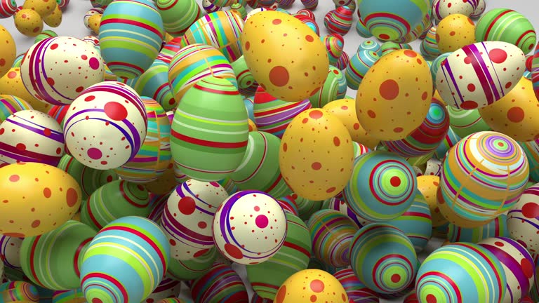 Easter eggs cascading down the screen, covering it in vibrant colors before falling away, perfect for transitions or backgrounds.