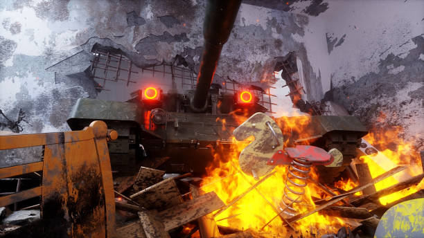 istock anti-war concept. military tank invaded in house. 3d rendering. 1988405415