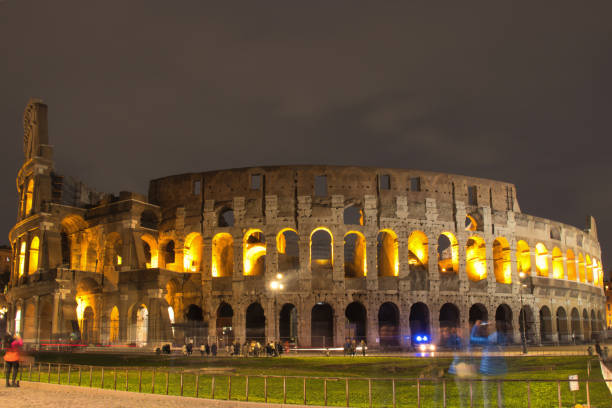 Detail night shot of the Colosseum in Rome.
