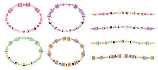 Bracelets from words grl pwr, angel, kiss, shine Collection of vector jewelry, children's ornaments. Bracelet of handmade plastic beads. Set of bright colorful braided bracelets with letters from words girl power, angel, kiss, shine. friendship bracelets hands stock illustrations