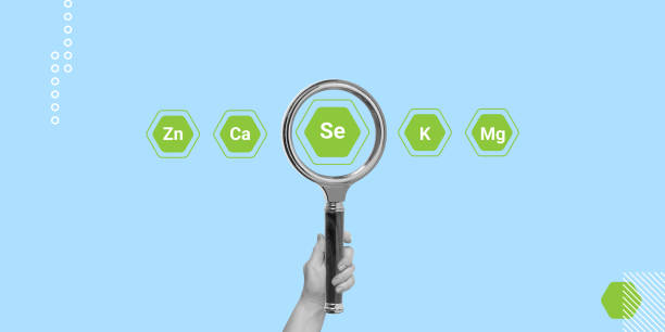 istock Selenium concept. Search for products or dietary supplements high in selenium. Hand with a magnifying glass and icons of other minerals and macroelements around. Minimalist art collage 1988411191