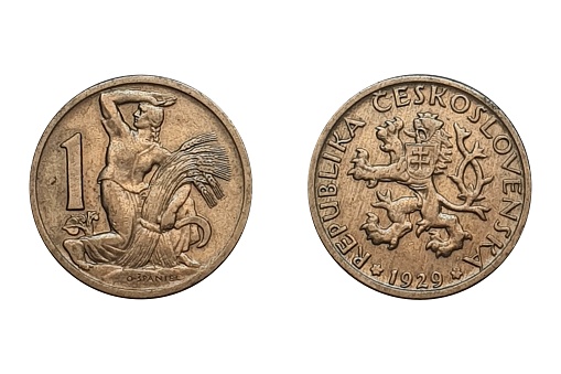 1 Koruna 1929. Coin of \tCzechoslovakia. Obverse Czech lion with Slovak shield.  Reverse Woman with sheaf and sickle