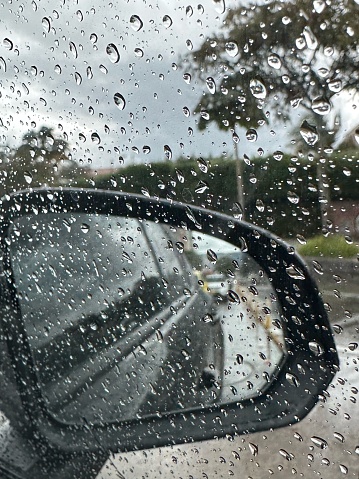 car rearview mirror and rain