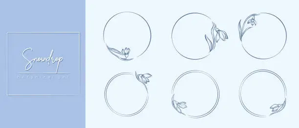 Vector illustration of Botanical snowdrop flower circle frame set.