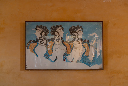 A picture of the Ladies in Blue Fresco at the Knossos Palace, on the second story of the Throne Room.