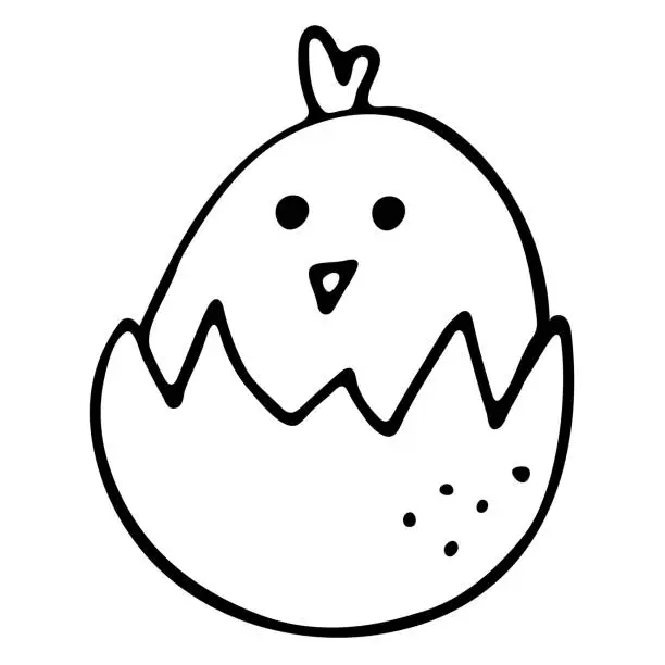 Vector illustration of Cute chicken sitting in eggshell. Easter vector illustration for coloring