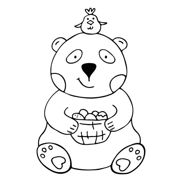 Vector illustration of A panda holds a basket of Easter eggs, a small yellow chicken sits on his head. Vector doodle hand drawn illustration