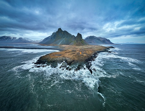 Aerial view of dramatic coastal mountain landscape in southern Iceland