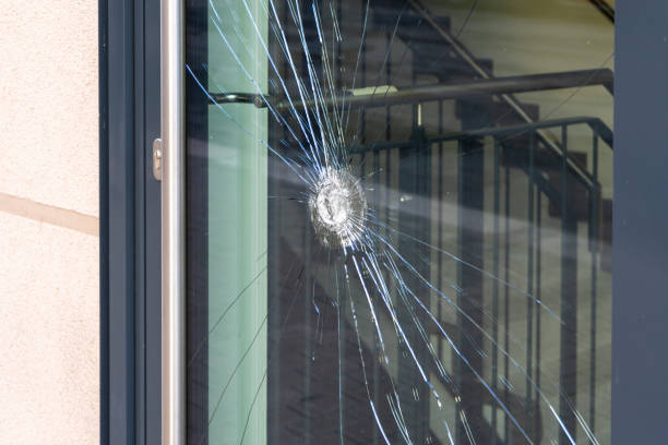 Burglary with broken glass on a window
