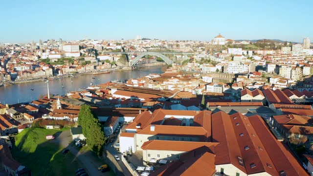 Drone shot of Porto and Douro's rivers.