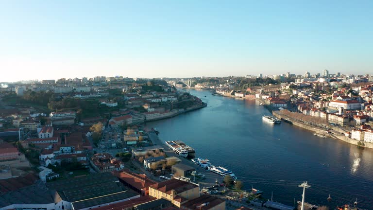 Drone shot of Porto and Douro's rivers.