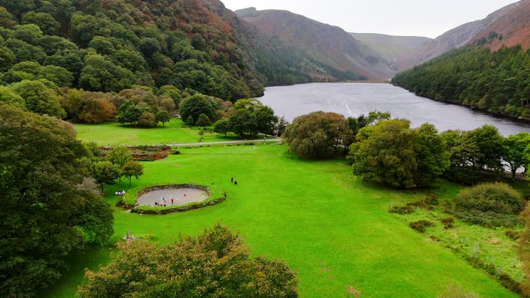 Aerial view of Glendalough ruins in Wicklow Ireland, Aerial view of Glendalough monastery, aerial view of Glendalough upper and lower lakes in Ireland, aerial view of ireland nature, popular tourist destination in Ireland