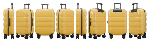 istock Isolated yellow closed travel suitcase in different positions. 3D rendering. 1988580051