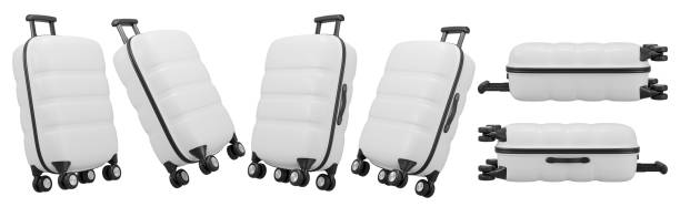 istock White closed travel suitcase in different positions. 3D rendering set. 1988580055
