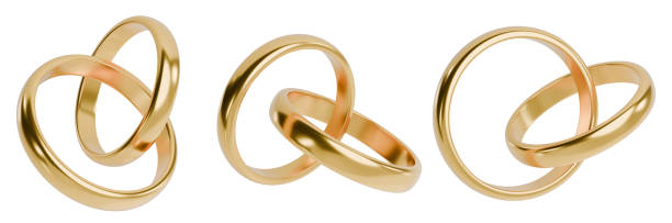 istock Two connected golden wedding rings. Engagement design elements set. 3D rendering. 1988580057
