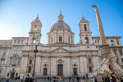 Roma, Latium - Italy - 11-24-2022: Sant'Agnese in Agone at Piazza Navona with Egyptian obelisk in view