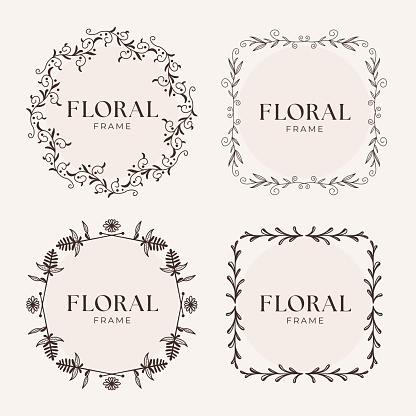 Decorative floral frame templates. Line sketch of laurel branches and circle borders for tattoo and greeting card framing. Vector wedding invitation decoration set