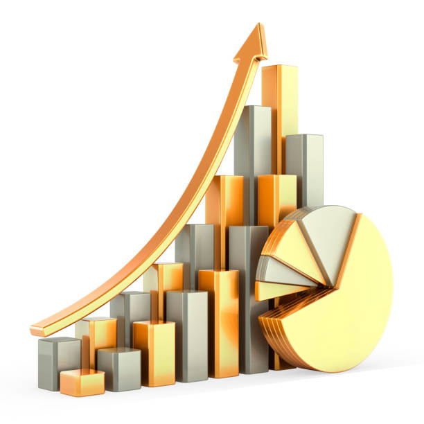 Metallic craphs, pie charts, diagrams, bars with growth arrow. 3D rendering