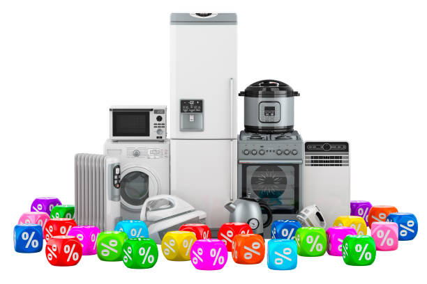 Kitchen and household appliances with discount cubes. 3D rendering isolated on white background