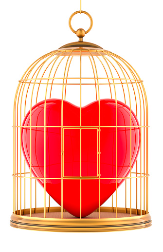 Red heart inside bird cage, 3D rendering isolated on white background