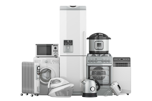 Collection of kitchen and household appliances, 3D rendering isolated on white background