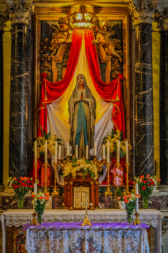 Rome, Italy December 2019: Mary shrine (probably) in Basilica di San Giovanni in Laterano, located near the Holy Stairs in Rome.