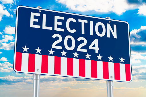 Election in the USA, concept with advertising billboard against blue sky. 3D rendering