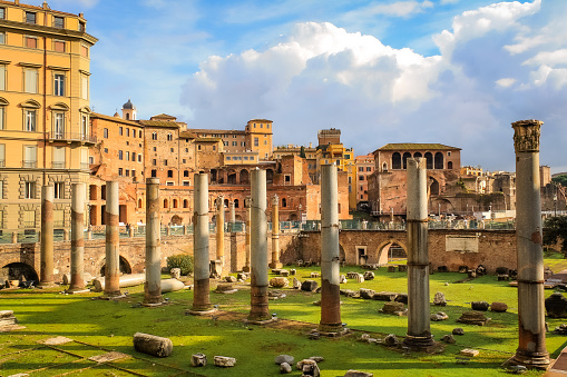 Rome, Italy - December 2019: Trajan's Forum -Forum Traiani was the last imperial fora to be constructed in Ancient Rome. It's located in Regio VIII Forum Romanum. The Imperial Fora are a series of monumental fora (public squares), constructed in Rome over a period of one and a half centuries.