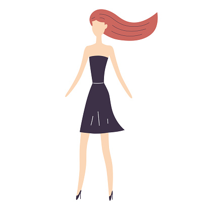 Fashion model girl in a black dress and high heels shoes flat vector illustration