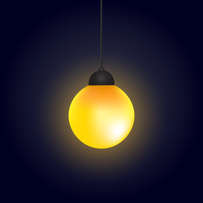 Ceiling hanging lamp, yellow bulb with light shadow, dark background, vector illustration.