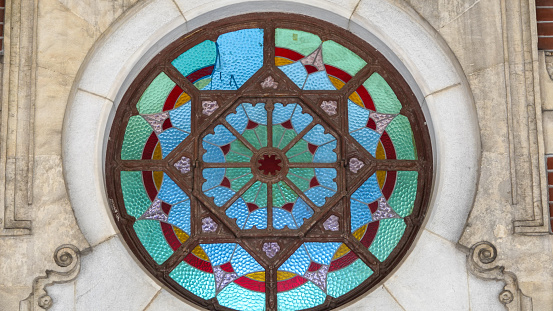 Traditional Ottoman-patterned stained glass window at Sirkeci train station in Istanbul. Orient Express, Istanbul, Turkey.