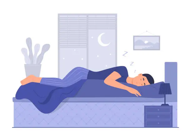 Vector illustration of Man Sleeping in Bed at Night and Hugging a Pillow