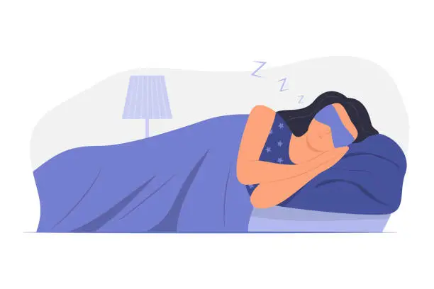 Vector illustration of Woman Wearing Sleeping Mask and Sleep in Bed at Night Concept Illustration