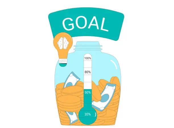 Vector illustration of Fundraising event. Startup goal concept. thermometer, idea and moneybox.