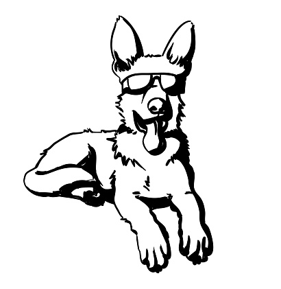 German Shepard dog sitting while wearing sunglasses and sticking out his tongue to cool down.  Vector hand drawn sketch illustration