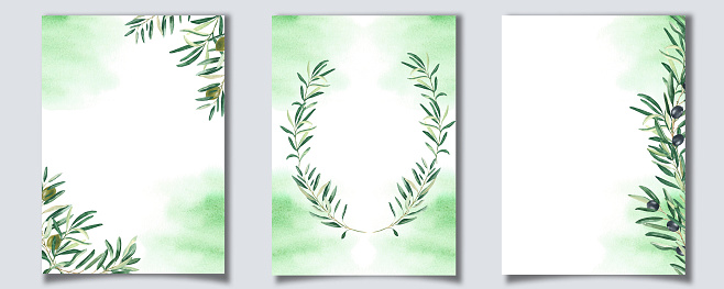 Set of floral background card template with black and green olive branches and watercolor splashes. For save the date, greeting, rustic wedding card and cover design