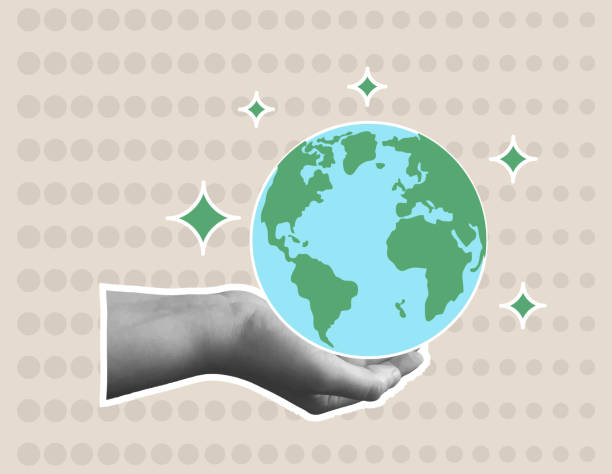 istock Planet Earth in collage hands in retro style. Global and worldwide sticker. Vector illustration 1988807198