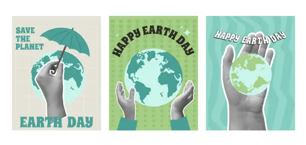 Vector illustration of Earth day flyers set. Save the planet retro posters. Template for holiday eco banners. Vector illustration