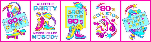 Vector illustration of 90s cool pop set of posters, banners, music party invitation, and graffiti style prints with fun slogans: 